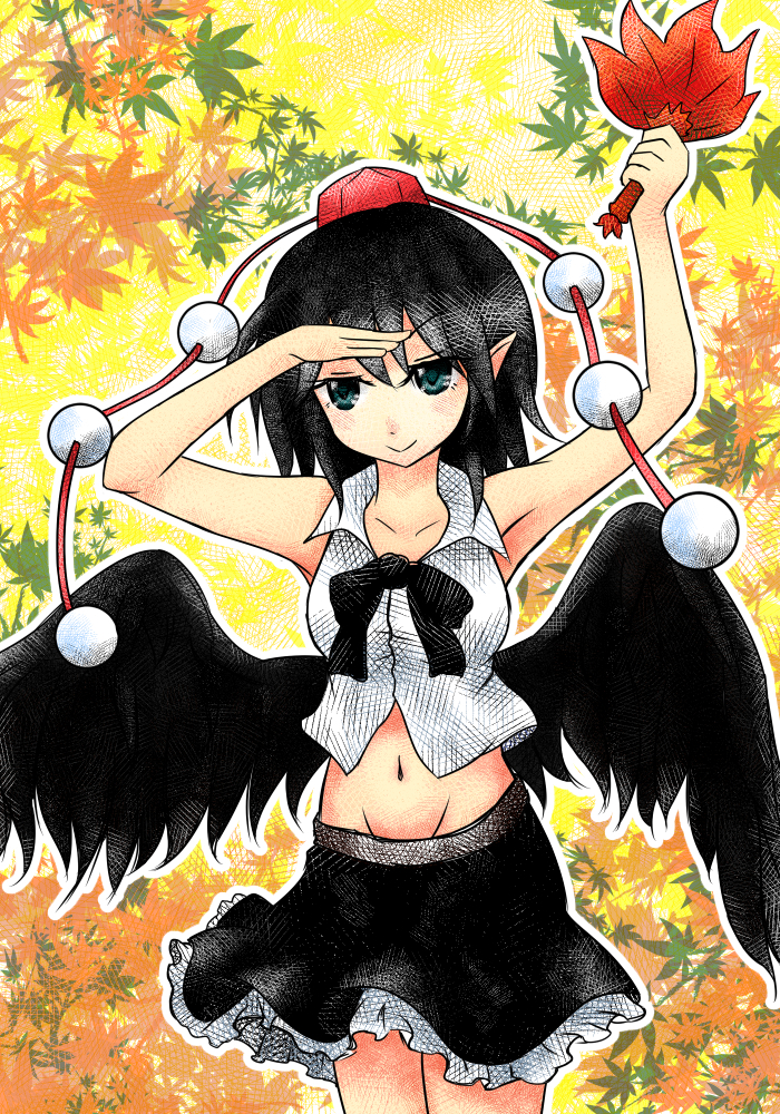 autumn_leaves, black_hair, black_skirt, black_wings, bow, bowtie, fan, hat