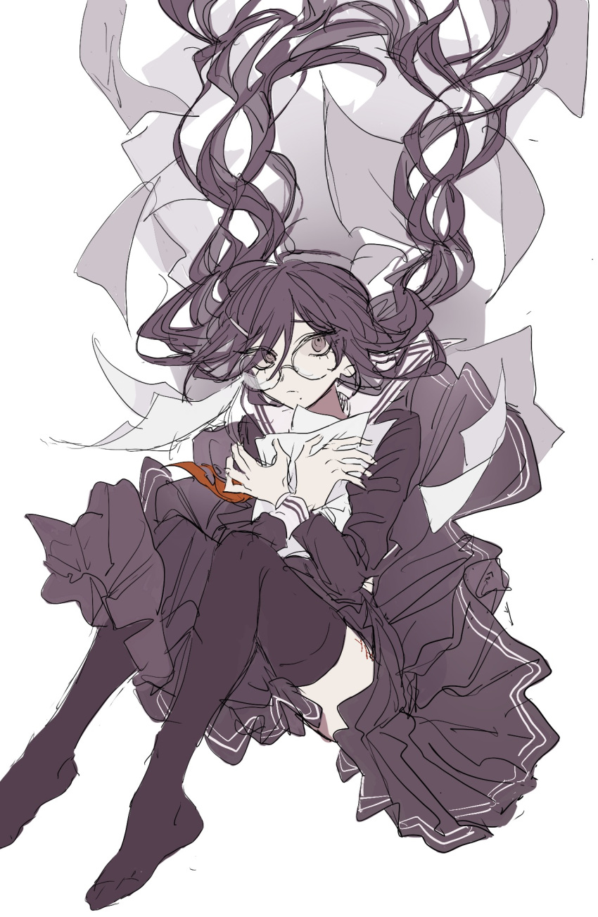 1girl, cuts, dangan_ronpa, dangan_ronpa_1, eyebrows_visible_through_hair, eyes_visible_through_hair, fe_(chl), floating, floating_hair, flying_paper, fukawa_touko, glasses, hair_between_eyes, hair_ornament, hair_undone, hairclip, hairpin, highres, injury, long_hair, long_sleeves, mole, mole_under_mouth, no_shoes, object_hug, paper, pleated_skirt, purple_hair, round_eyewear, school_uniform, simple_background, skirt, solo, thigh-highs, white_background