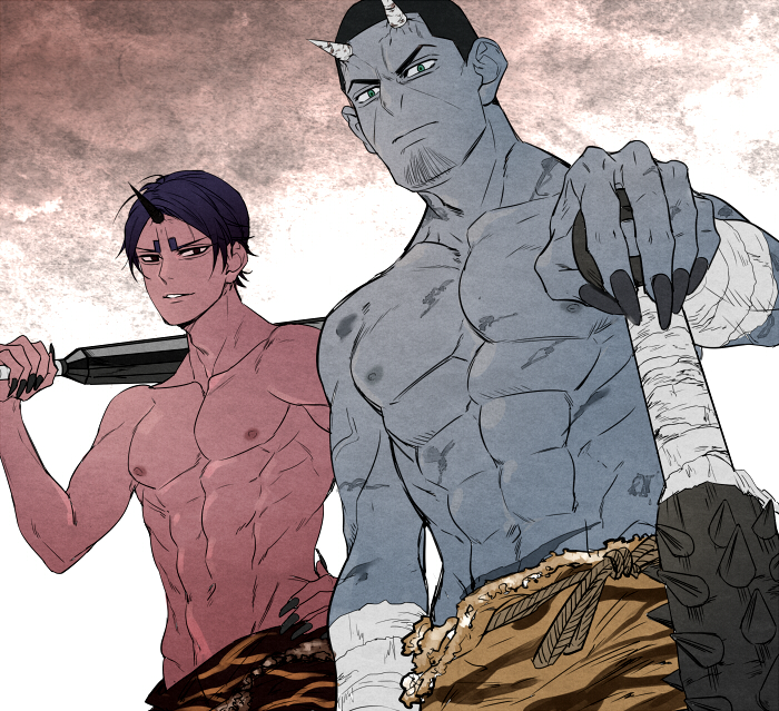 2boys, abs, alternate_skin_color, animal_print, bangs, black_eyes, blue_oni, blue_skin