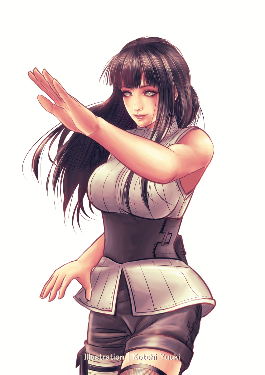1girl, absurdres, artist_name, bandaged_leg, bandages, bangs, black_hair, black_shorts
