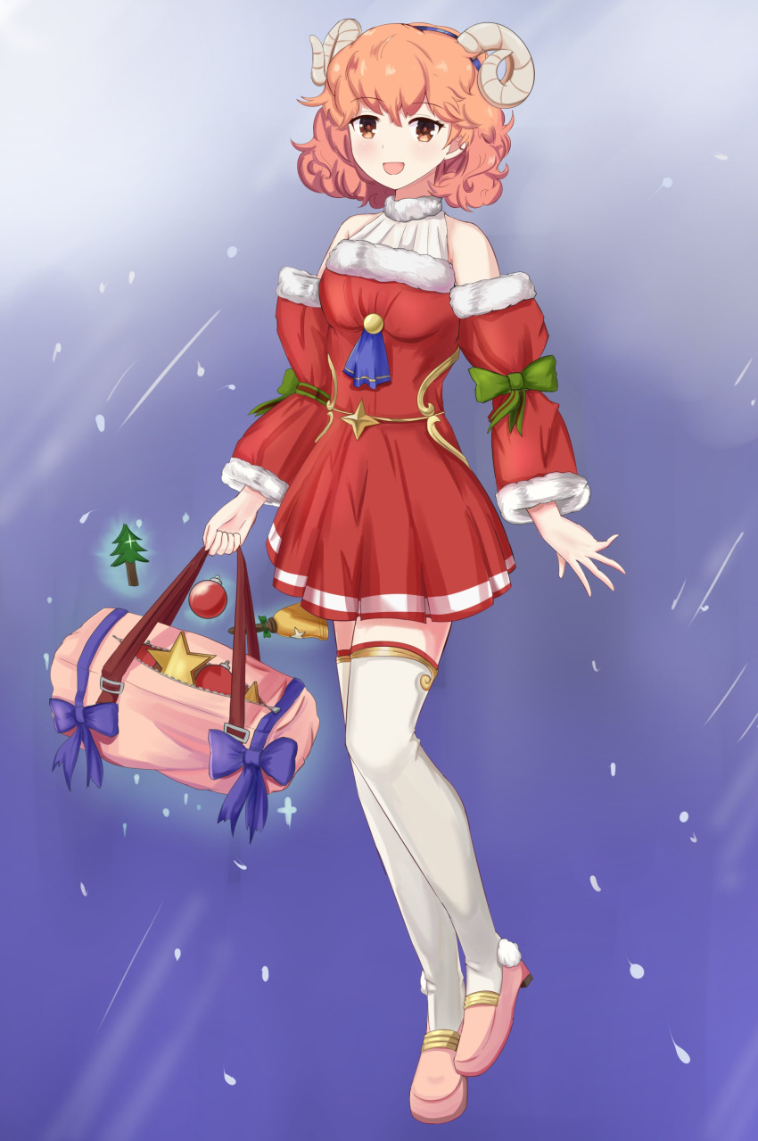 1girl, absurdres, alternate_costume, bare_shoulders, breasts, christmas, christmas_ornaments, christmas_sweater, fire_emblem, fire_emblem_echoes:_shadows_of_valentia, fire_emblem_heroes, full_body, genny_(fire_emblem), highres, horns, looking_at_viewer, pink_footwear, pink_hair, ribbon, simple_background, small_breasts, standing, zipperqr