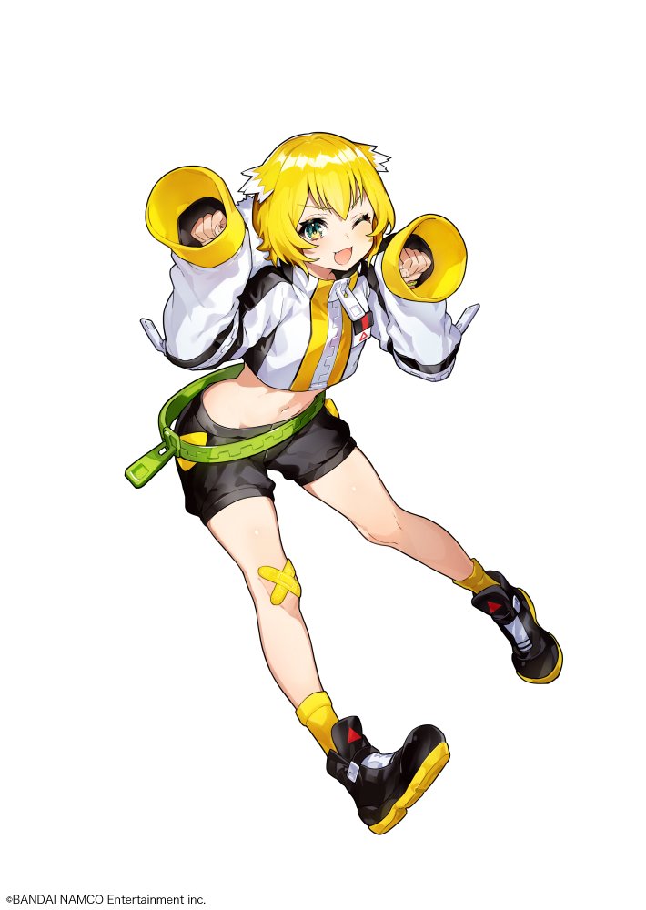 1girl, :d, bandaid, bandaid_on_knee, black_footwear, black_shorts, blonde_hair, blush, clenched_hands, denonbu, full_body, green_eyes, hair_flaps, jacket, long_sleeves, looking_at_viewer, midriff, mika_pikazo, multicolored, multicolored_eyes, navel, official_art, one_eye_closed, open_mouth, paw_pose, pigeon-toed, shoes, short_shorts, shorts, simple_background, sleeves_past_fingers, sleeves_past_wrists, smile, socks, solo, taiga_lucia, white_background, white_jacket, yellow_eyes, yellow_legwear
