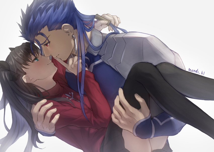 1boy, 1girl, armor, artist_name, ass, black_hair, black_legwear, black_ribbon
