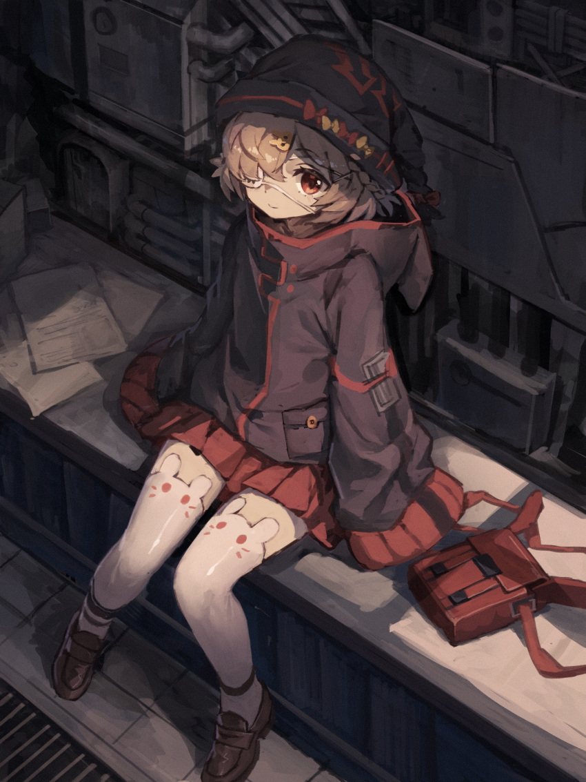 1girl, arknights, bag, bag_removed, bandages, bangs, blonde_hair, bunny_hair_ornament, eyepatch, from_above, hair_ornament, hair_over_one_eye, hat, highres, hood, hood_down, jacket, loafers, long_sleeves, looking_at_viewer, popukar_(arknights), pouch, red_eyes, red_pouch, red_skirt, shoes, short_hair, sitting, skirt, sleeves_past_wrists, smile, solo, thigh-highs, white_legwear, yanyan_(shinken_gomi)