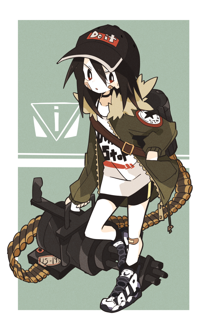1girl, aida_(aidia), bad_id, bad_tumblr_id, bag, bandaid, bandaid_on_face, bandaid_on_knee