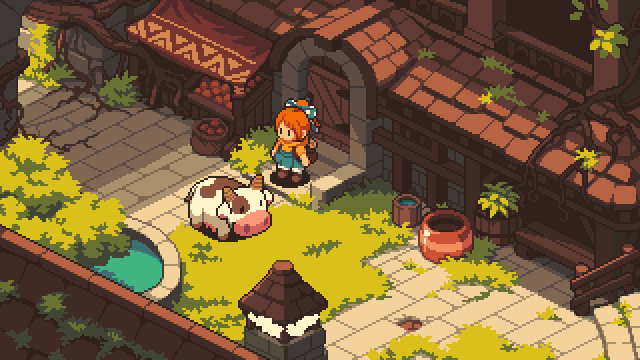 1girl, bow, cow, english_commentary, grass, hair_bow, isometric, jmw327