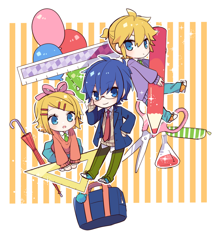 1girl, 2boys, adjusting_eyewear, bag, balloon, bangs, beige_sweater, bespectacled