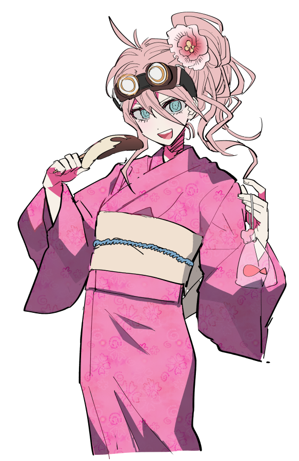 alternate_costume, alternate_hairstyle, aqua_eyes, bag, bagged_fish, banana, bangs, commentary_request, cowboy_shot, d4ng4nn6bu12, dangan_ronpa, eyelashes, fish, flower, food, fruit, goggles, goggles_on_head, goldfish, hair_between_eyes, hair_flower, hair_ornament, hair_up, holding, holding_food, iruma_miu, japanese_clothes, kimono, long_sleeves, looking_at_viewer, new_dangan_ronpa_v3, obi, obijime, open_mouth, pink_hair, sash, side_ponytail, simple_background, smile, upper_teeth, wavy_hair, white_background, wide_sleeves, yukata