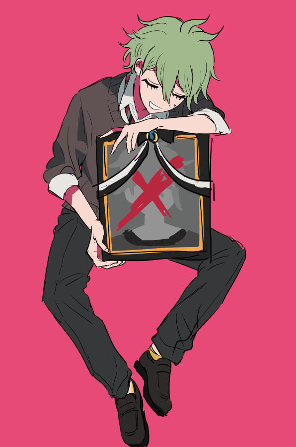 1boy, ahoge, amami_rantarou, bare_arms, brown_vest, closed_eyes, commentary_request, d4ng4nn6bu12