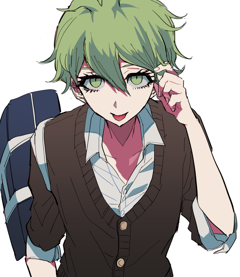1boy, amami_rantarou, arm_up, bag, bare_arms, blue_bag, brown_vest, collarbone