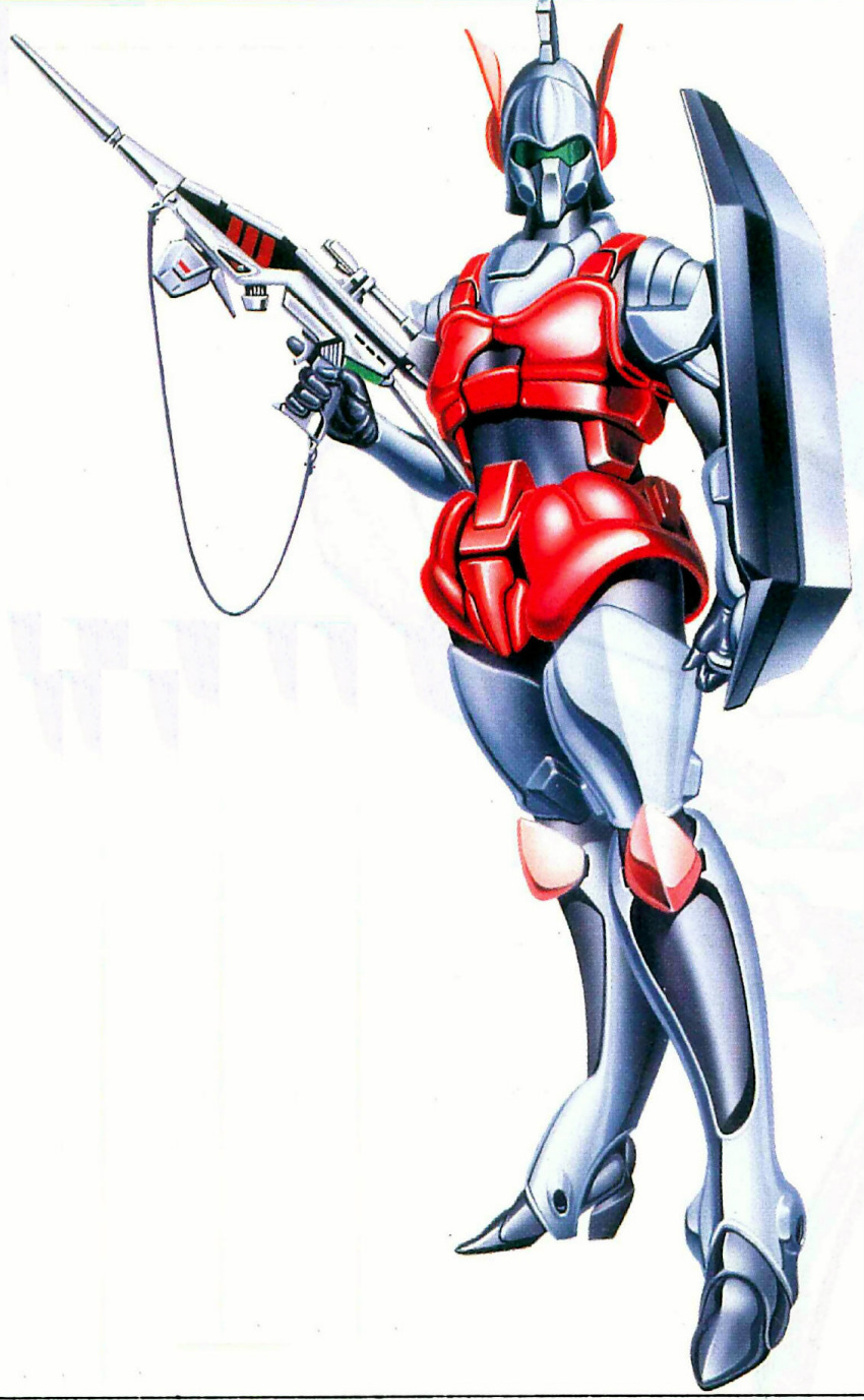 1980s_(style), 1girl, atac, beam_rifle, body_armor, boots, choujikuu_kidan_southern_cross, energy_gun
