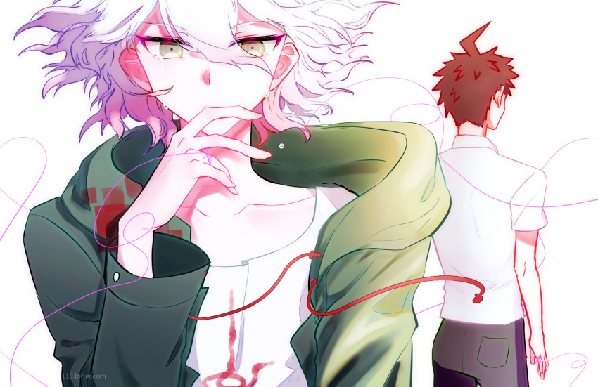 2boys, ahoge, brown_hair, coat, collared_shirt, covering_mouth, crying, crying_with_eyes_open, dangan_ronpa, drawstring, eyebrows_visible_through_hair, eyes_visible_through_hair, green_coat, green_eyes, hair_between_eyes, hand_over_own_mouth, hinata_hajime, hood, hood_down, hooded_coat, komaeda_nagito, lofter_username, long_sleeves, male_focus, multiple_boys, open_clothes, open_coat, shirt, short_hair, short_sleeves, streaming_tears, string, string_around_finger, string_of_fate, super_dangan_ronpa_2, tears, watermark, white_background, white_hair, white_shirt, yu_zhou