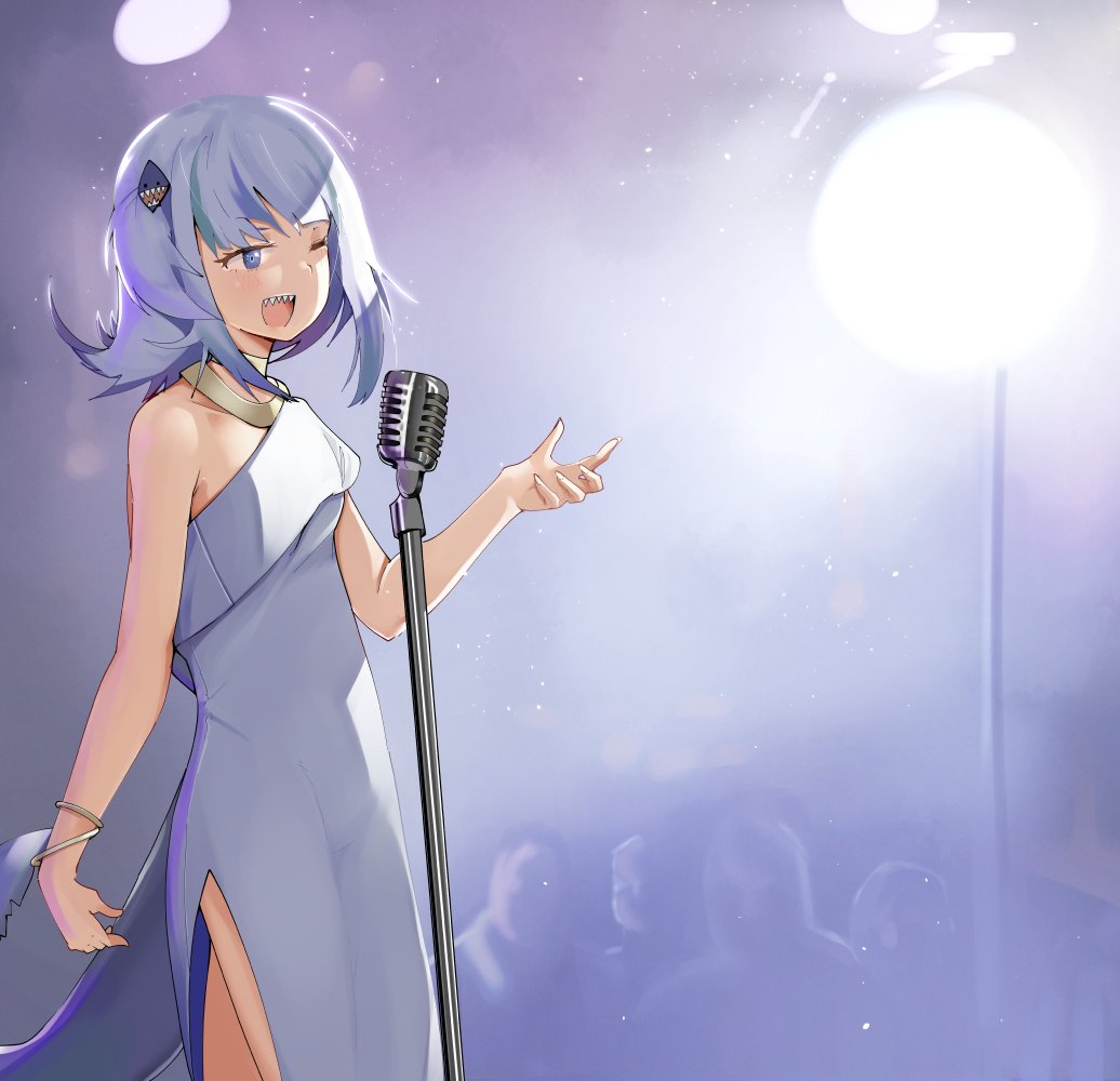 1girl, 4boys, blue_dress, blue_eyes, blue_hair, bracelet, cowboy_shot, crowd