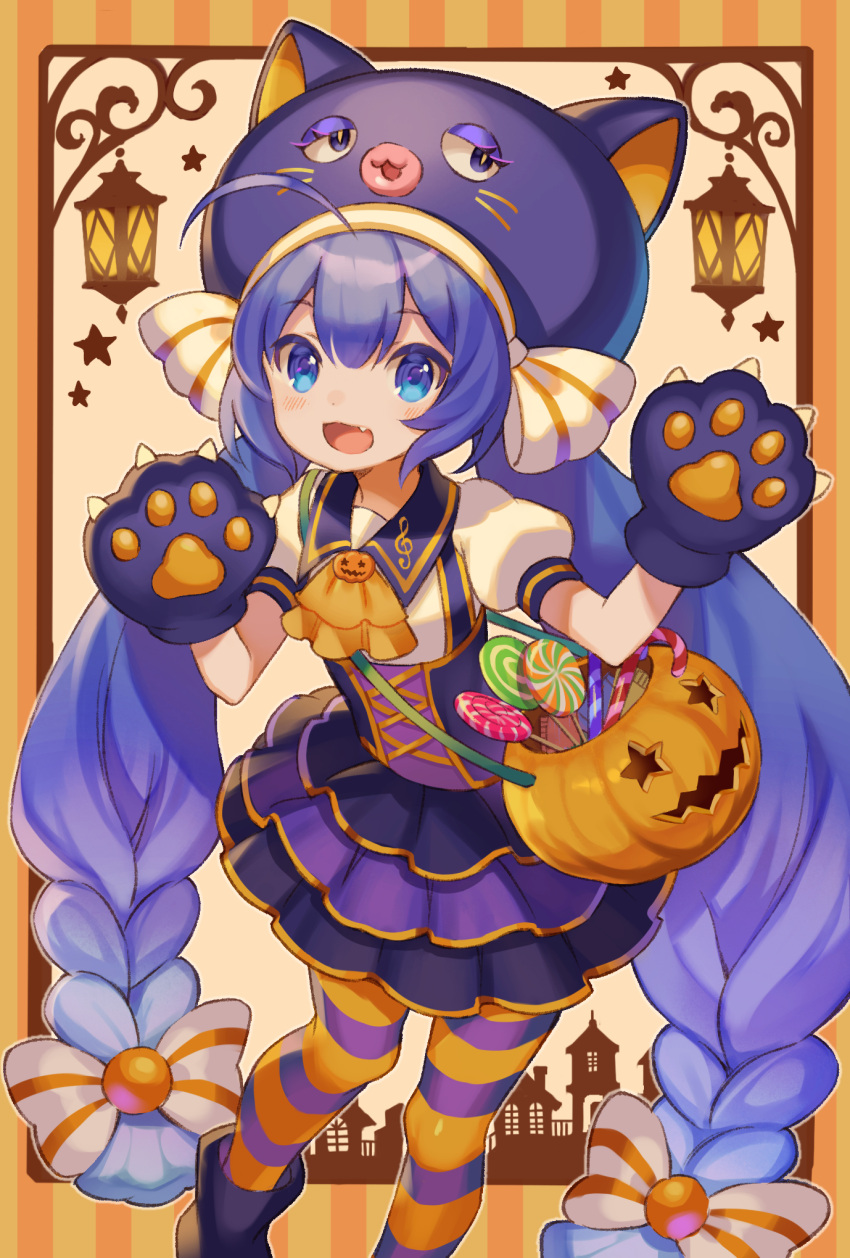 1girl, :d, ahoge, animal_ears, animal_hat, ascot, bangs, black_footwear