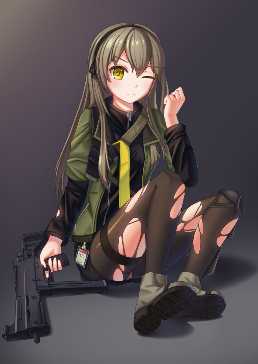 1girl, absurdres, bangs, black_hairband, black_ribbon, black_shirt, black_skirt, boots
