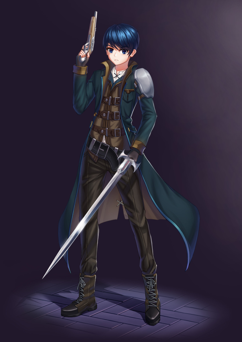 1boy, absurdres, antique_firearm, armor, bangs, belt, belt_buckle, black_belt