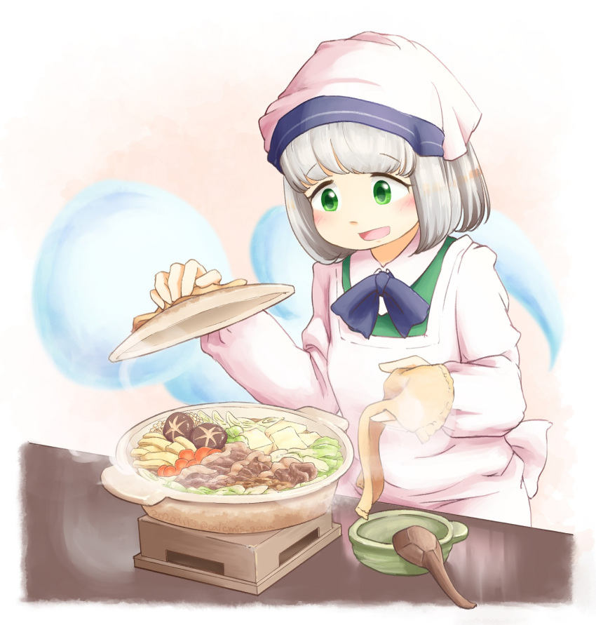 1girl, arms_up, bangs, black_neckwear, blunt_bangs, bowl, cabbage, calcmis_gowa