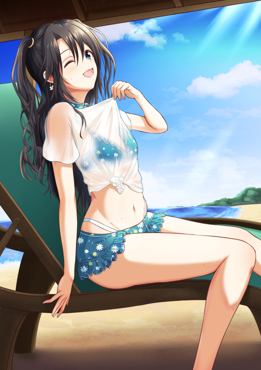 1girl, bangs, beach, bikini, black-framed_eyewear, black_hair, black_headwear, black_shirt