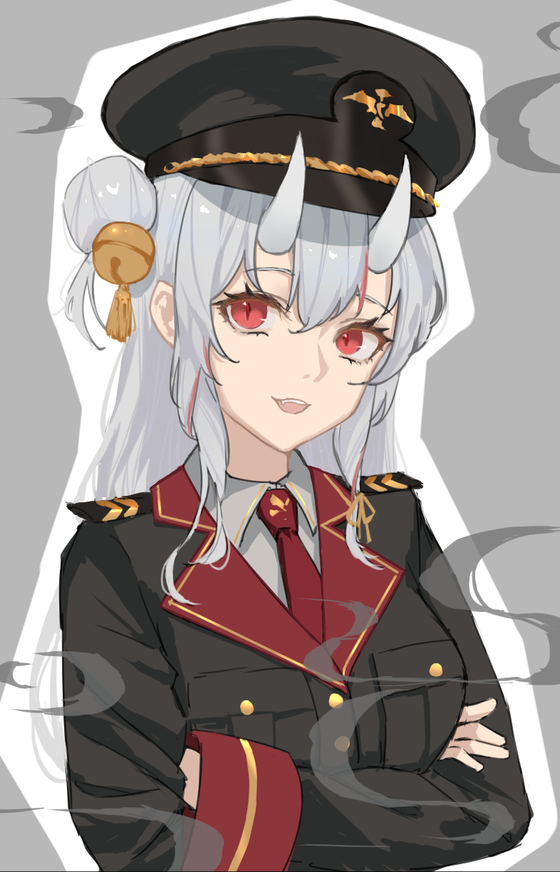 1girl, alternate_costume, bell, black_headwear, black_jacket, breasts, cauchyconjugacy, collared_shirt