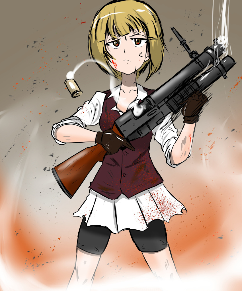 1girl, absurdres, anger_vein, bangs, bartender, black_gloves, blonde_hair, blood