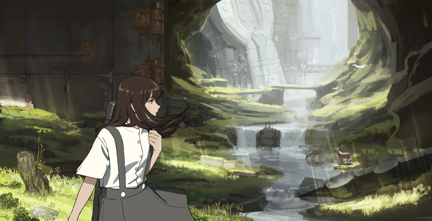 1girl, animal, bird, black_skirt, brown_eyes, brown_hair, case, closed_mouth