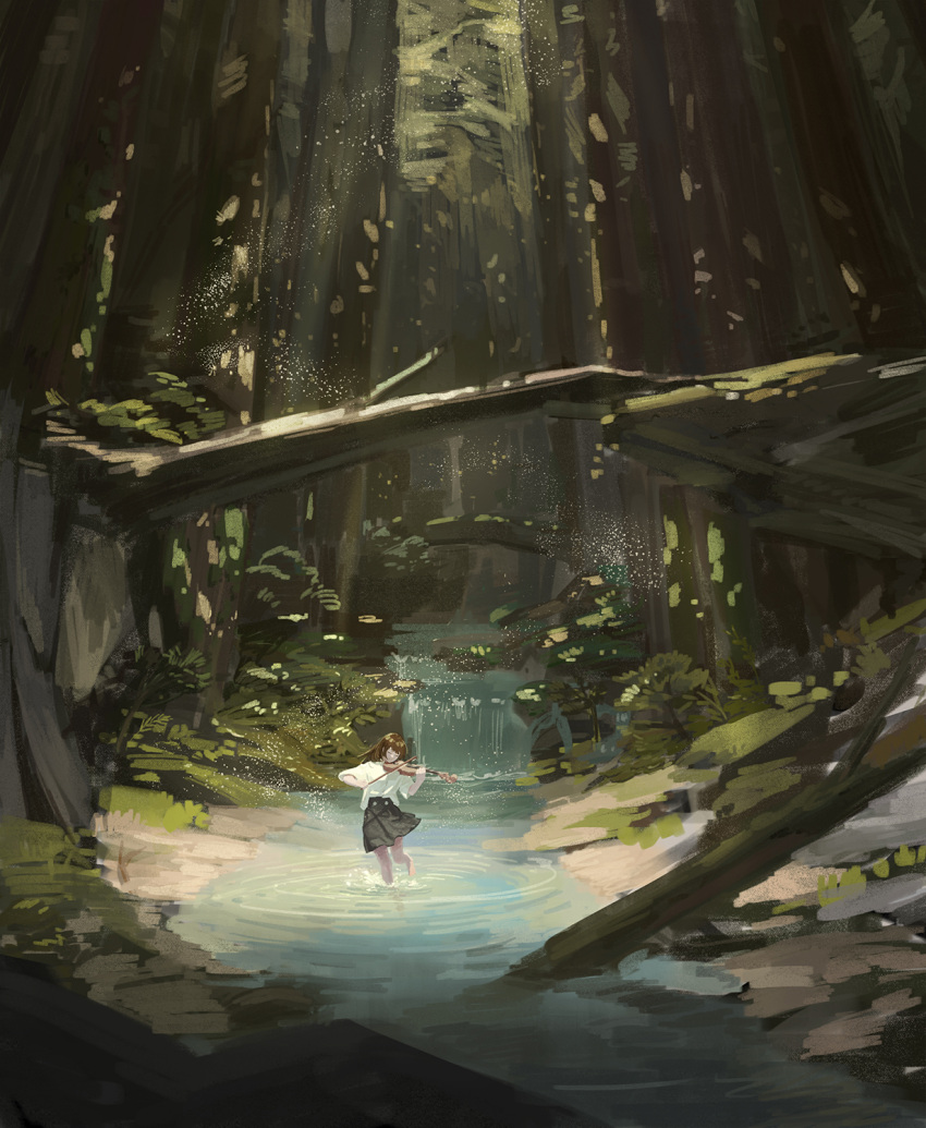 1girl, black_skirt, branch, brown_hair, closed_eyes, forest, highres, holding