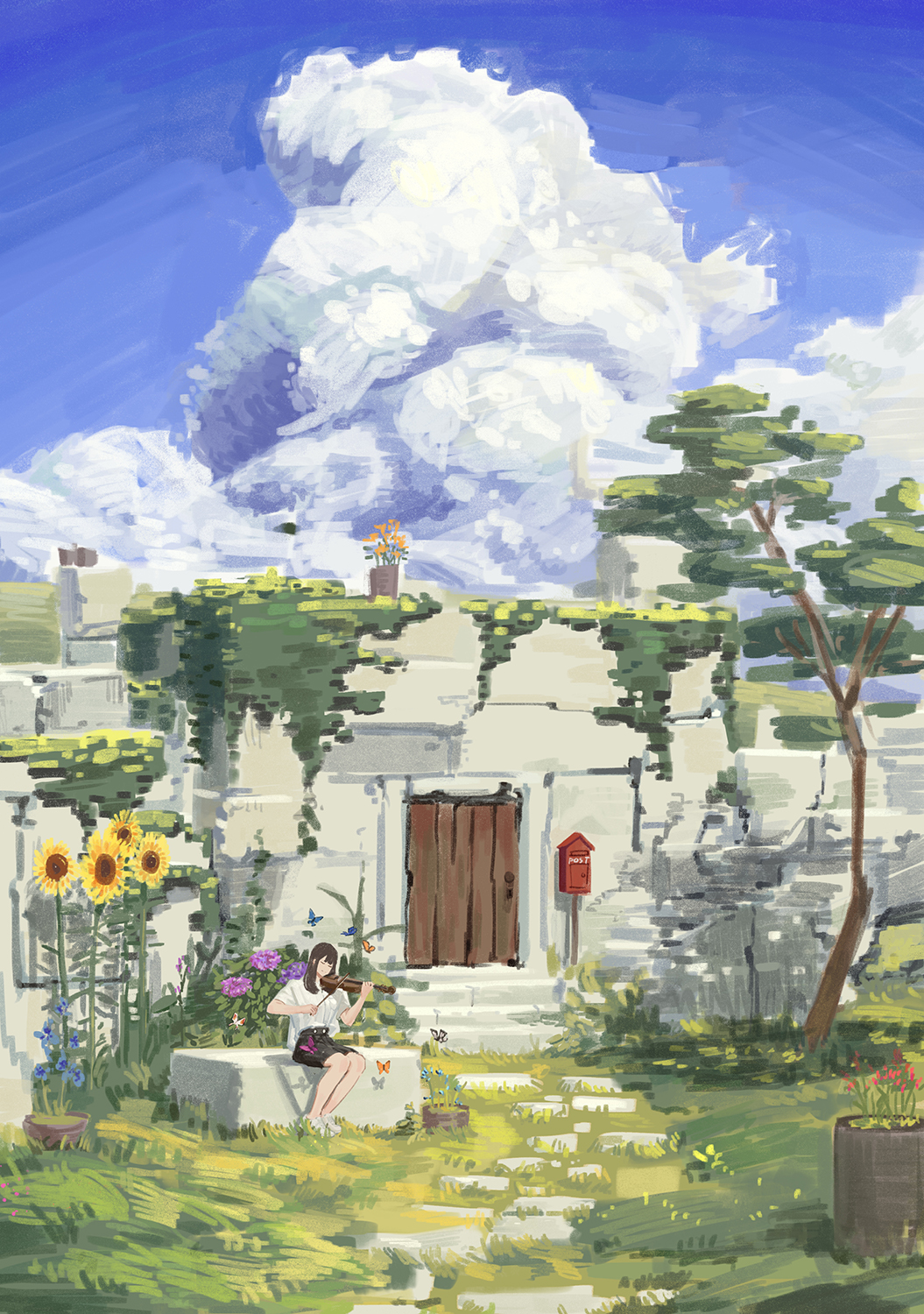 1girl, blue_butterfly, blue_flower, brown_hair, bug, butterfly, closed_eyes, clouds