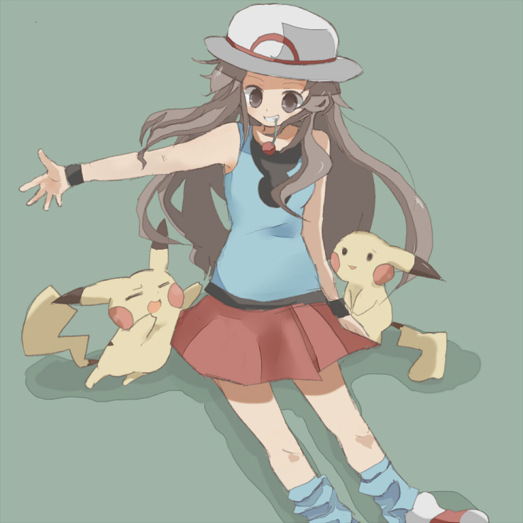 1girl, arm_at_side, blue_legwear, blue_shirt, brown_eyes, brown_hair, cherry, food, fruit, gen_1_pokemon, grin, leaf_(pokemon), long_hair, loose_socks, manmi, mouth_hold, outstretched_arm, pikachu, pokemon, red_skirt, shirt, sitting, skirt, sleeveless, sleeveless_shirt, smile, solo, very_long_hair, white_headwear