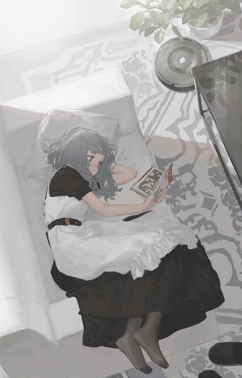 1girl, absurdres, black_footwear, book, carpet, chair, grey_eyes, grey_hair