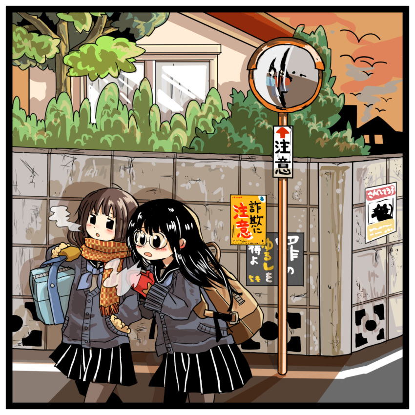2girls, :o, backpack, bag, bird, black_hair, black_legwear, black_neckwear