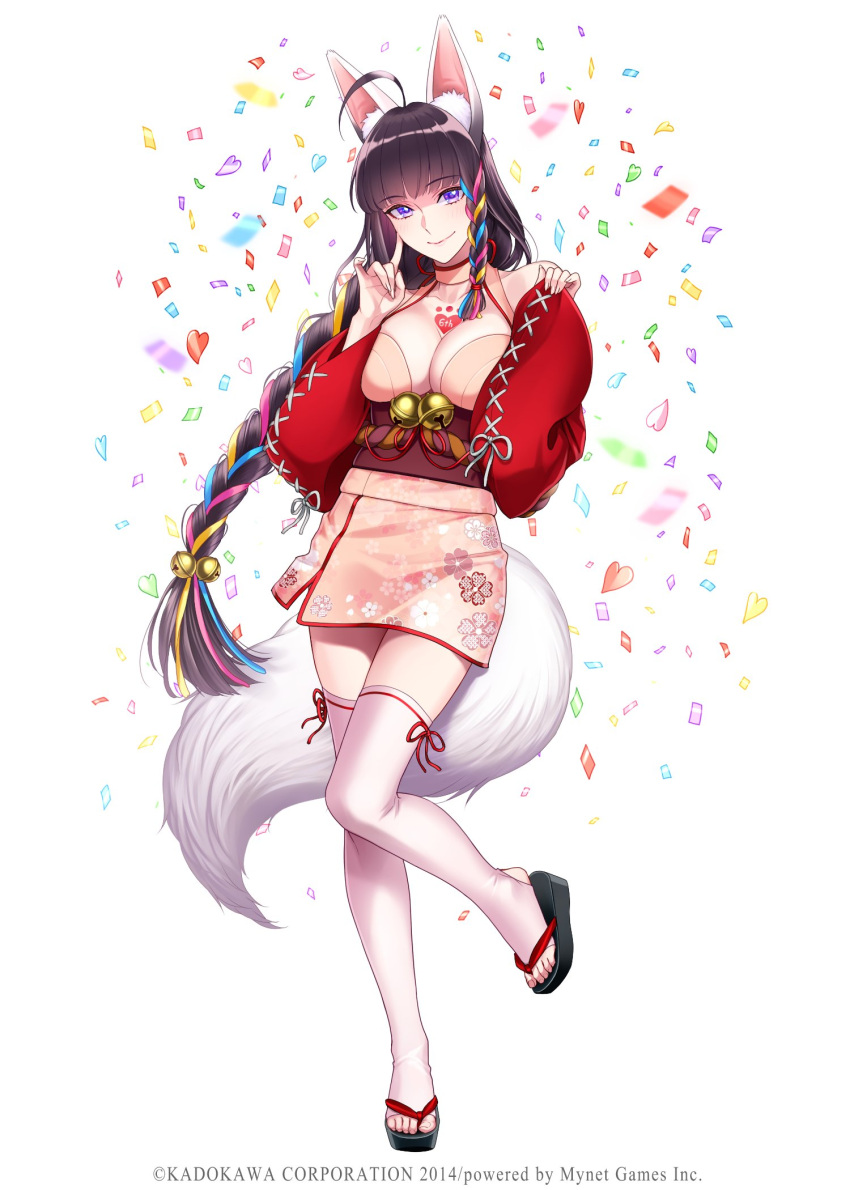 ahoge, animal_ear_fluff, anniversary, bangs, bare_shoulders, bell, black_hair, body_writing, braid, breast_squeeze, breasts, chimachi, confetti, cosplay, eyebrows_visible_through_hair, fox_girl, full_body, heart, highres, japanese_clothes, jingle_bell, kimono, kuzunoha_(youkai_hyakki-tan!), large_breasts, long_braid, long_hair, long_sleeves, miniskirt, multicolored_hair, nekomata_(youkai_hyakki-tan!), nekomata_(youkai_hyakki-tan!)_(cosplay), obi, official_art, pink_kimono, pink_skirt, red_sleeves, ribbon-trimmed_legwear, ribbon_trim, sash, side_slit, single_braid, skirt, smile, standing, standing_on_one_leg, stirrup_legwear, tabi, thigh-highs, toeless_legwear, very_long_hair, violet_eyes, white_legwear, wide_sleeves, youkai_hyakki-tan!, zettai_ryouiki