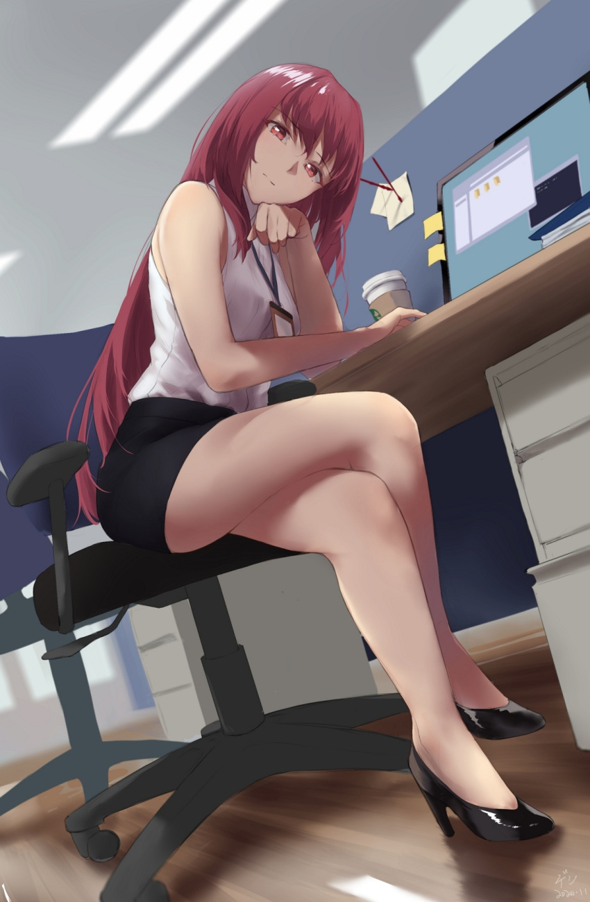 1girl, bangs, bare_shoulders, black_skirt, blush, breasts, chair, coffee_cup