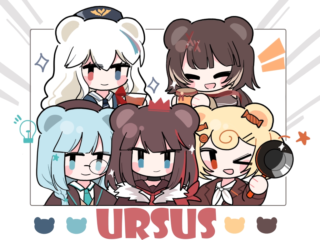 >_o, 5girls, animal_ears, aqua_eyes, aqua_hair, aqua_neckwear, arknights, bear_ears