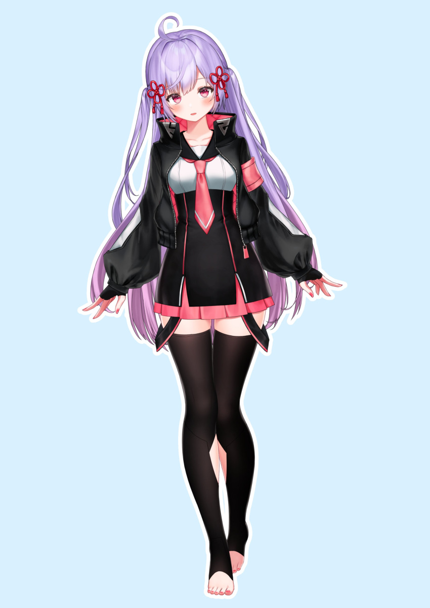 1girl, absurdres, ahoge, breasts, eyebrows_visible_through_hair, hair_ribbon, highres, long_hair, looking_at_viewer, mia_(miaflocon), open_mouth, purple_hair, red_eyes, ribbon, simple_background, solo, takatsuki_ritsu, takatsuki_ritsu_channel, virtual_youtuber