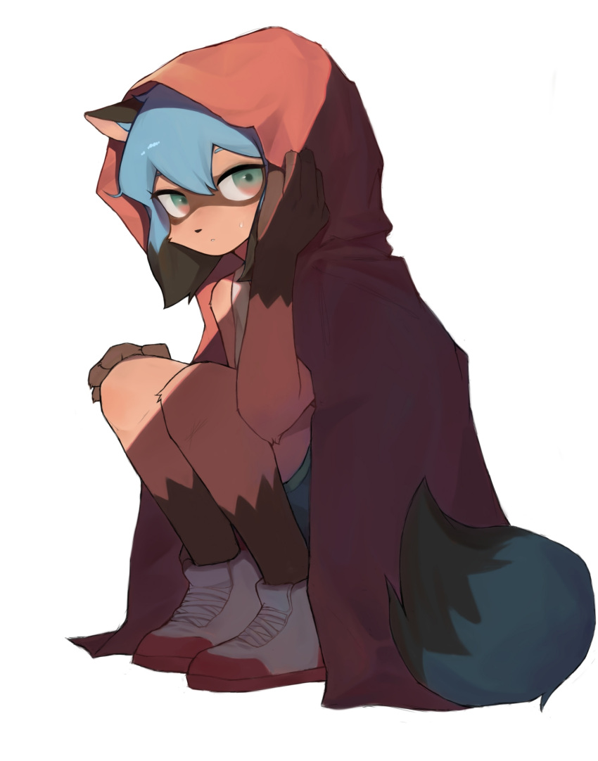 1girl, animal_ears, blue_hair, brand_new_animal, crayon_(crayon1006), full_body, furry, green_eyes