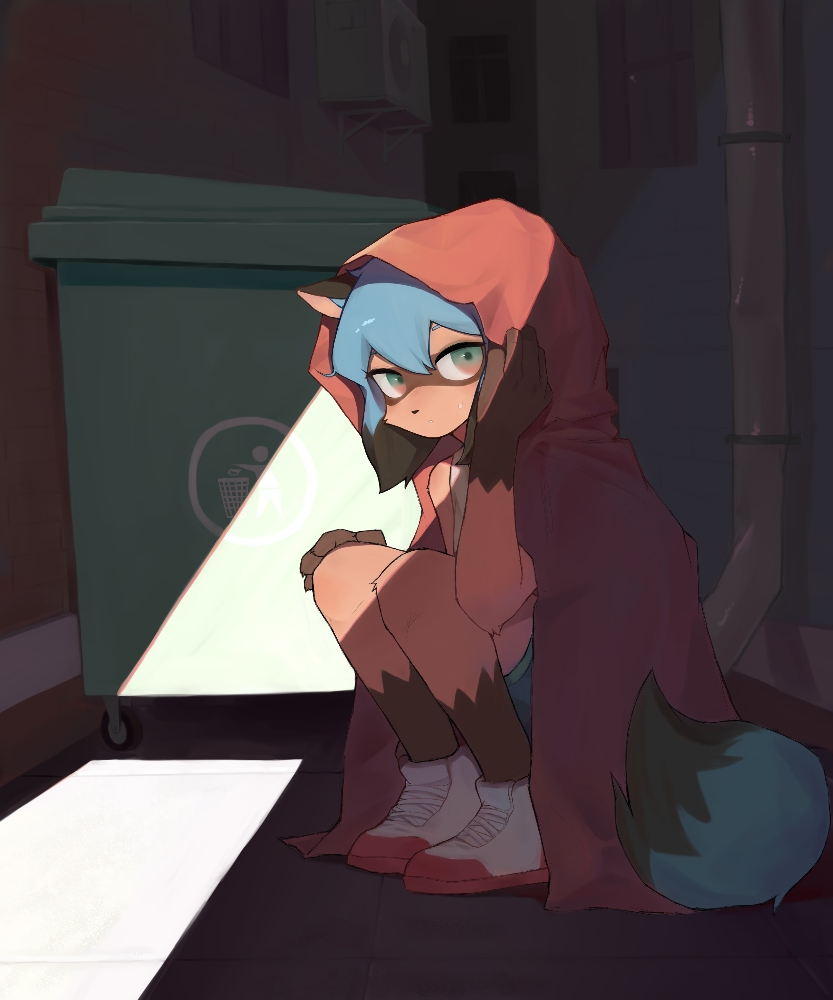 1girl, animal_ears, blue_hair, brand_new_animal, crayon_(crayon1006), full_body, furry, green_eyes, kagemori_michiru, looking_at_viewer, raccoon_ears, raccoon_girl, raccoon_tail, shoes, short_hair, sitting, solo, tail, white_footwear