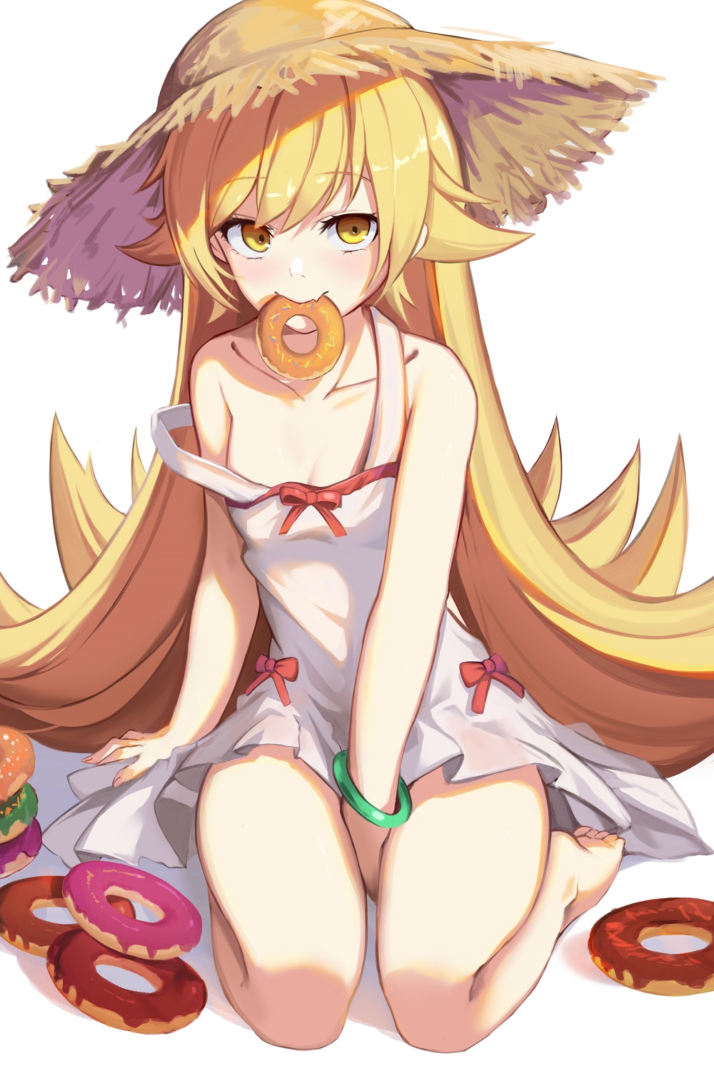 1girl, barefoot, blonde_hair, collarbone, commentary_request, doughnut, dress, eyebrows_visible_through_hair, food, hat, highres, kyuu_(chiu850513), long_hair, looking_at_viewer, monogatari_(series), mouth_hold, nisemonogatari, off-shoulder_dress, off_shoulder, oshino_shinobu, simple_background, sitting, solo, straw_hat, thighs, wariza, white_background, white_dress, yellow_eyes