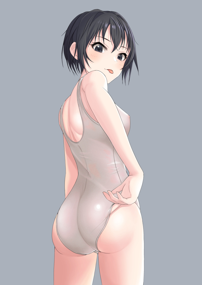 1girl, :p, absurdres, adjusting_clothes, adjusting_swimsuit, ass, back, bangs