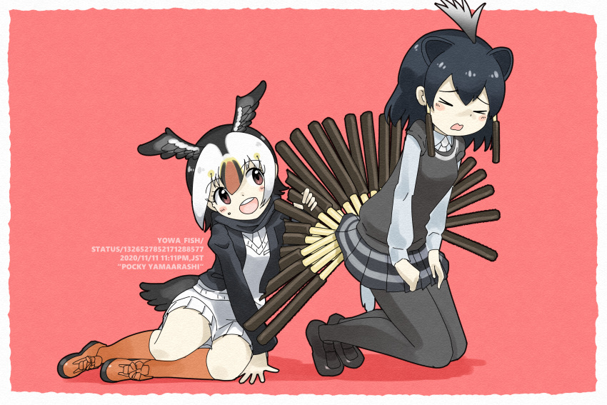 >_<, 2girls, animal_ears, atlantic_puffin_(kemono_friends), bird_tail, bird_wings, black_hair, blonde_hair, border, candy, cardigan, closed_eyes, crested_porcupine_(kemono_friends), extra_ears, food, food_on_face, full_body, grabbing, grey_hair, head_wings, highres, iwa_(iwafish), kemono_friends, kneeling, leaning_to_the_side, long_sleeves, looking_at_another, medium_hair, microskirt, multicolored_hair, multiple_girls, necktie, open_cardigan, open_clothes, open_mouth, oversized_food, pantyhose, pocky, porcupine_ears, porcupine_tail, red_eyes, redhead, scarf, shoes, sitting, skirt, smile, socks, sweater, sweater_vest, tail, white_hair, wings