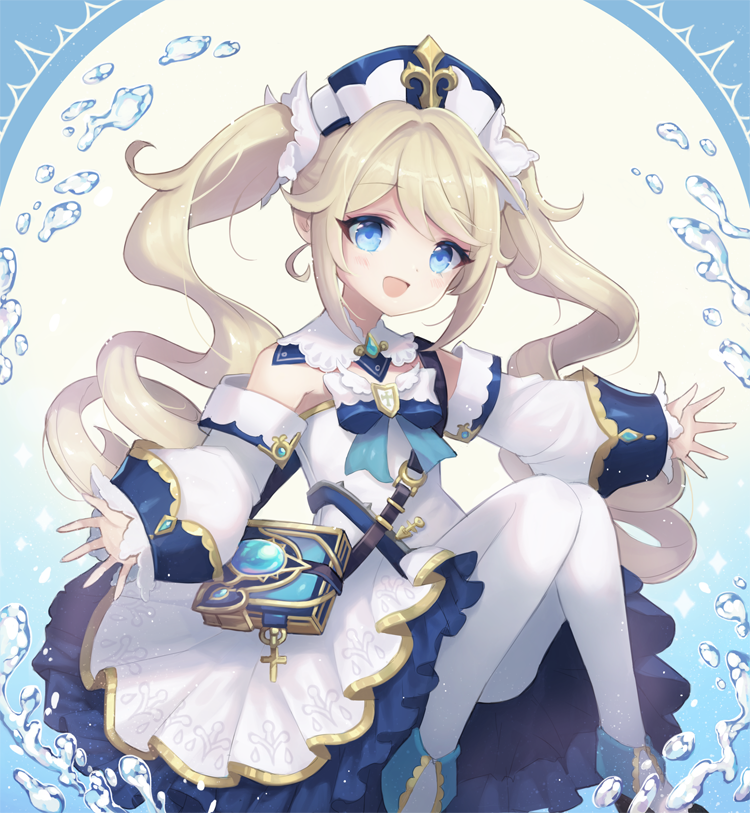 1girl, :d, bangs, barbara_(genshin_impact), bare_shoulders, blonde_hair, blue_bow, blue_eyes