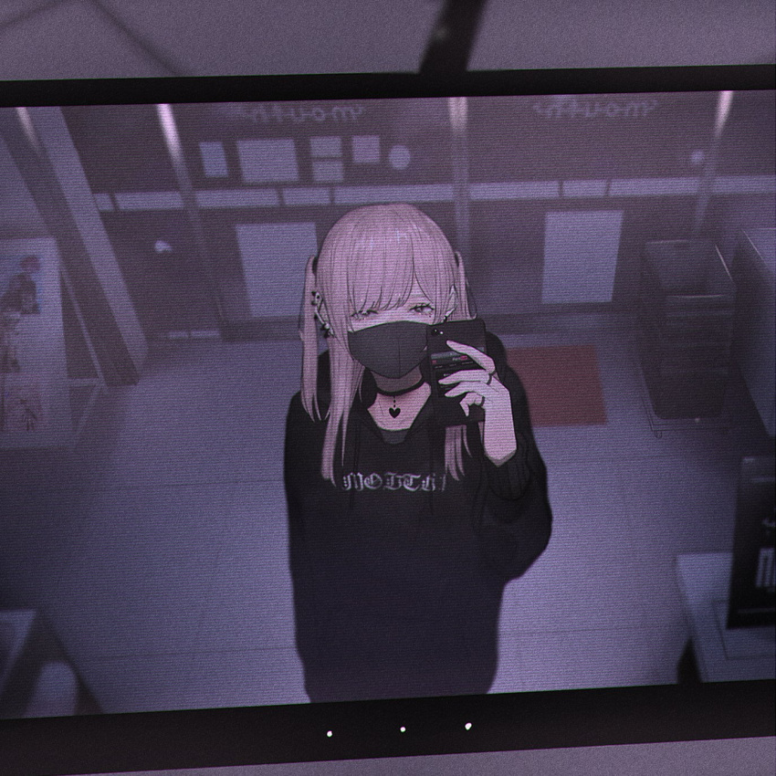 1girl, black_eyes, black_hoodie, choker, english_commentary, grey_hair, highres, holding