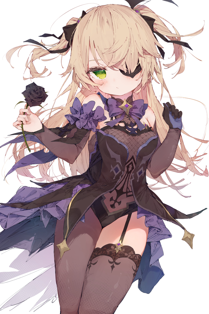 1girl, asymmetrical_legwear, bangs, bare_shoulders, black_bow, black_gloves, black_leotard, blush