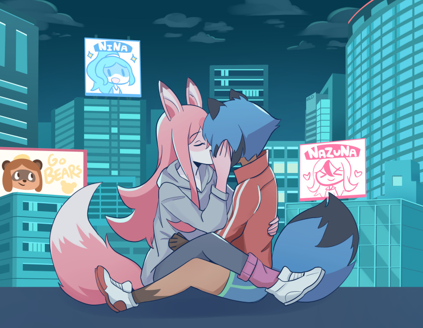 >_<, 2girls, absurdres, animal_ears, brand_new_animal, building, cailin_(poptrt), city