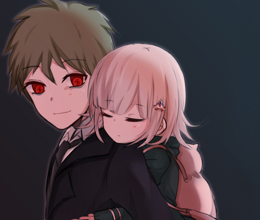 1girl, bags_under_eyes, black_neckwear, brown_hair, cat_bag, chen_yan, closed_eyes, dangan_ronpa