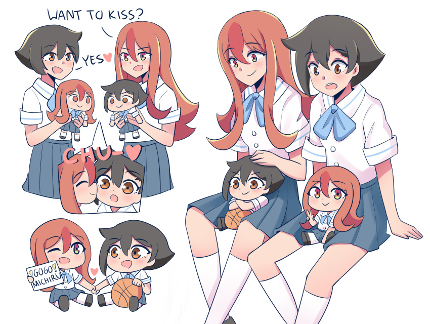 4girls, absurdres, basketball, blush, bow, brand_new_animal, brown_hair, cailin_(poptrt)