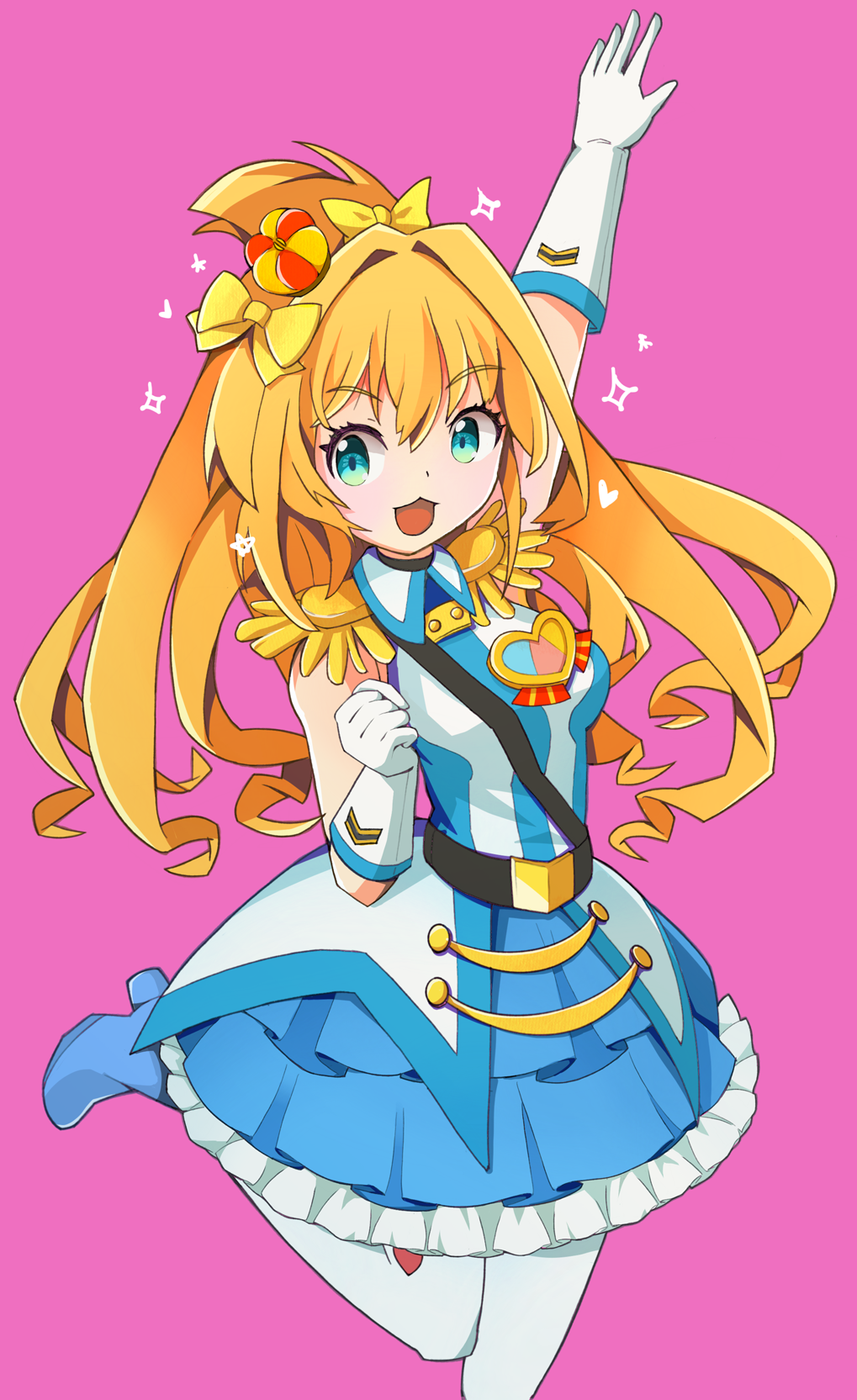 1girl, :d, arm_up, blue_footwear, blue_skirt, boots, bow, breasts