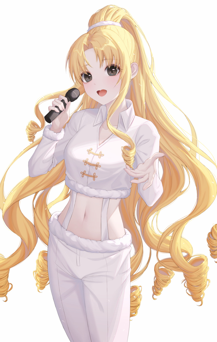 1girl, :d, absurdres, bangs, black_eyes, blonde_hair, blush, breasts