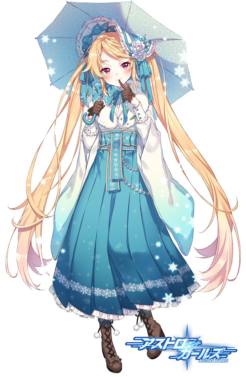 1girl, astro_and_girls, blonde_hair, blue_bow, blue_headwear, blue_skirt, blue_umbrella, blush