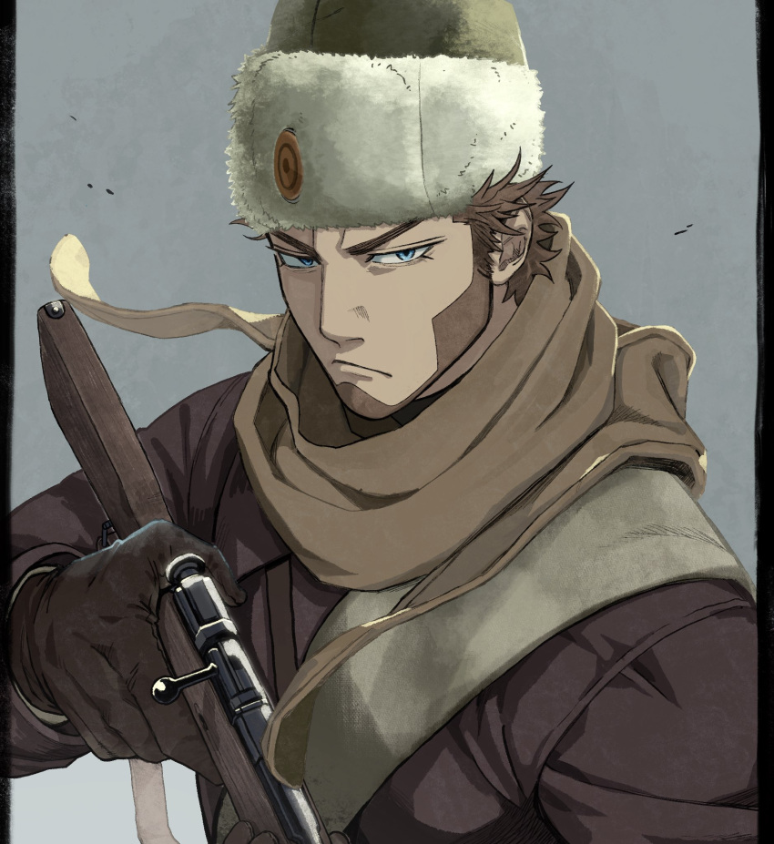 1boy, beard, blue_eyes, bolt_action, brown_coat, brown_gloves, brown_hair, brown_scarf