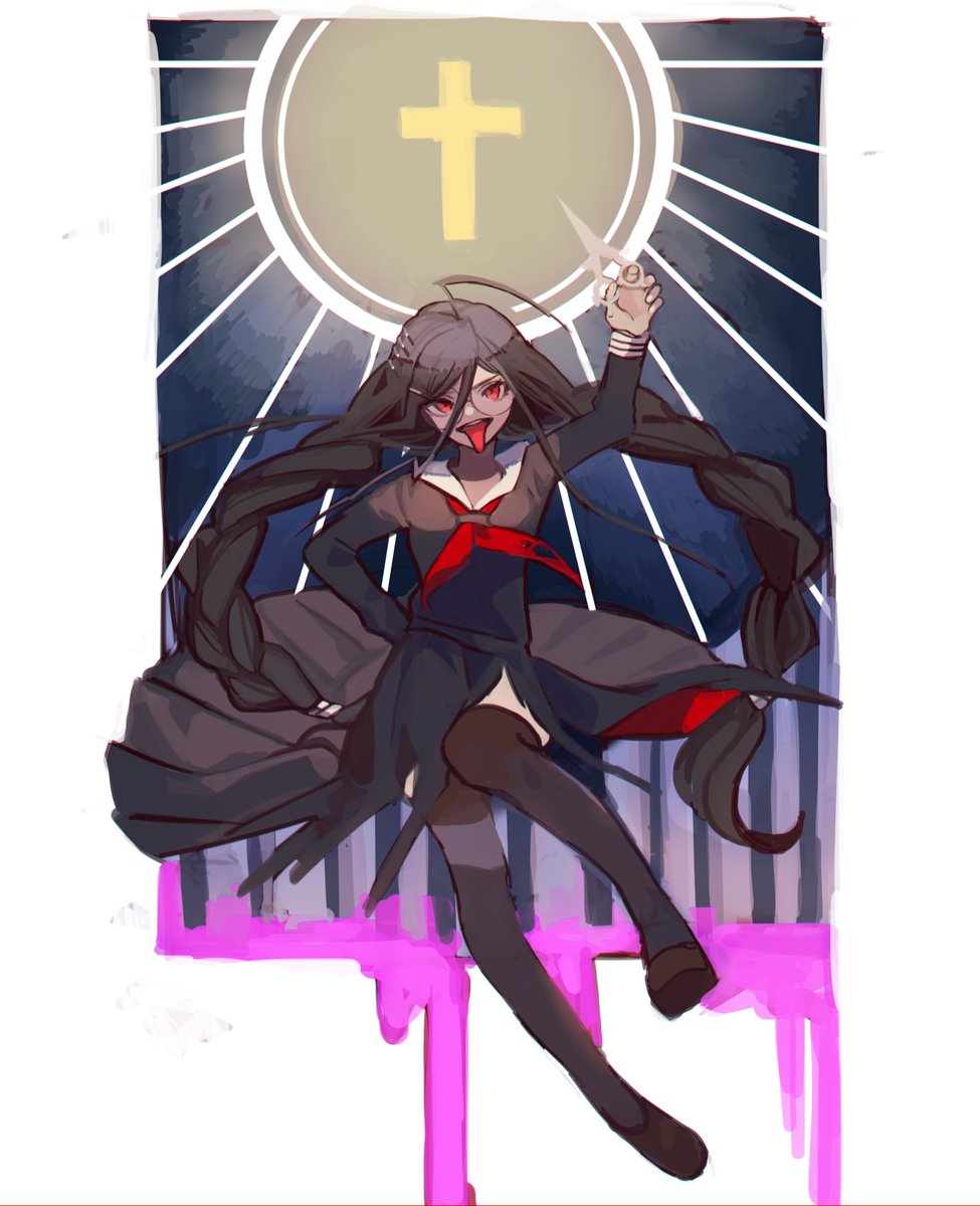1girl, ahoge, black_hair, black_legwear, blood, braid, cross, dangan_ronpa